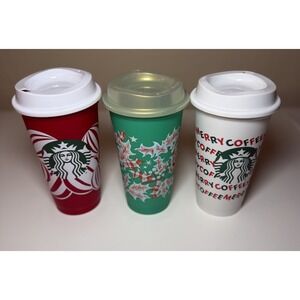 Set of 3 Starbucks Christmas Reusable Tumblers  16 oz Coffee Cups w/ Lids